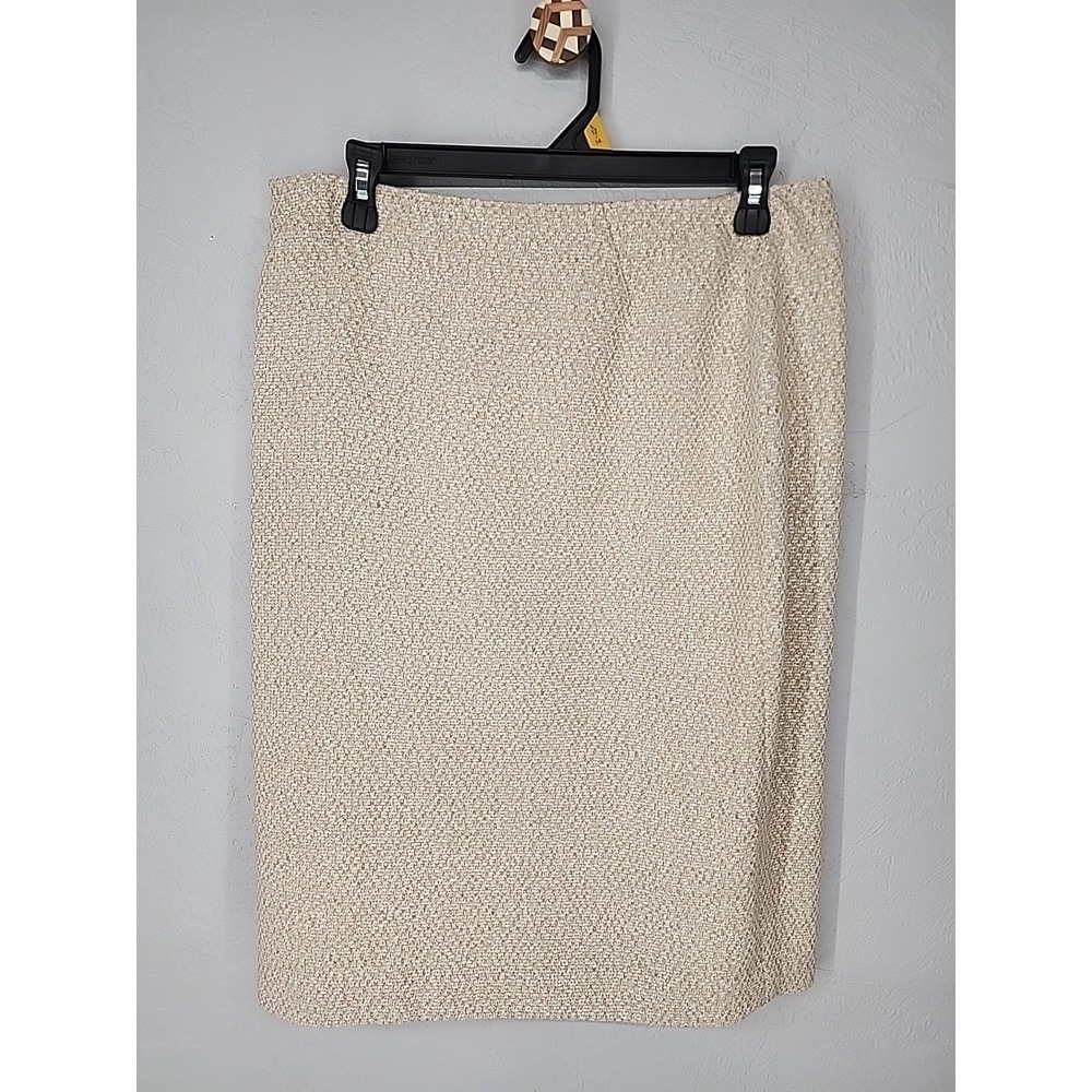 Lafayette‎ 148 New York Beige Gold Metallic Tweed Leather Trim Pencil Skirt 10